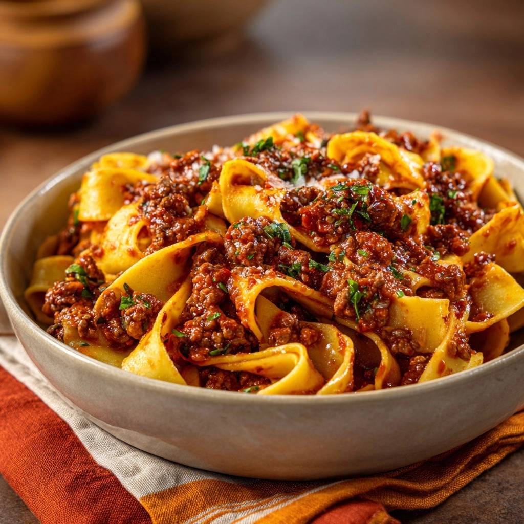 Tagliatelle Bolognese als Nahaufnahme serviert, mit breiten Nudeln und reichlich Hackfleischsauce garniert.