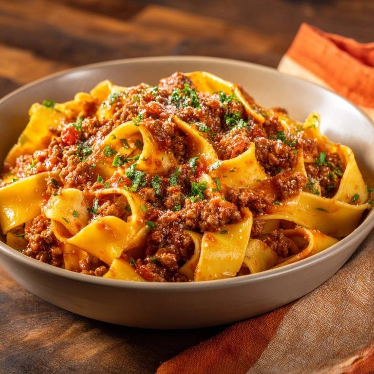 Tagliatelle Bolognese in einer Schüssel, nahaufnahme der fleischigen Sauce und breiten Nudeln, garniert mit Petersilie.