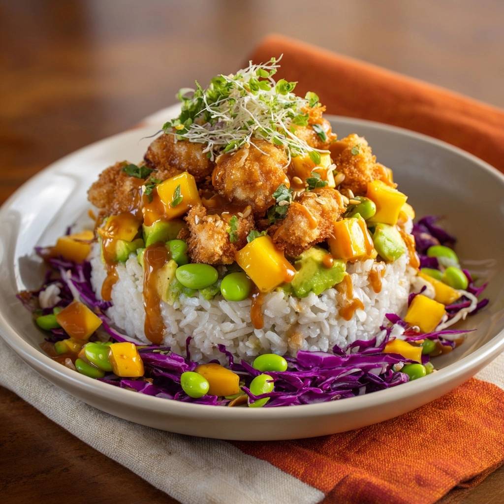 Tropische Hähnchen-Poke-Bowl mit knuspriger Kokoskruste, detailreiche Nahaufnahme der Garnitur mit Mango und Edamame.