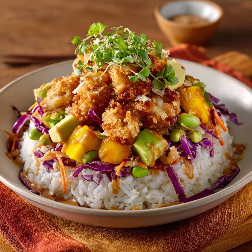 Tropische Hähnchen-Poke-Bowl mit knuspriger Kokoskruste, Nahaufnahme von Garnitur und Toppings auf Reis.