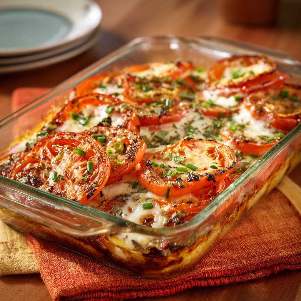 Überbackene Tomaten mit Mozzarella, nah aufgenommen und mit frischen Kräutern garniert, aus dem Backofen.