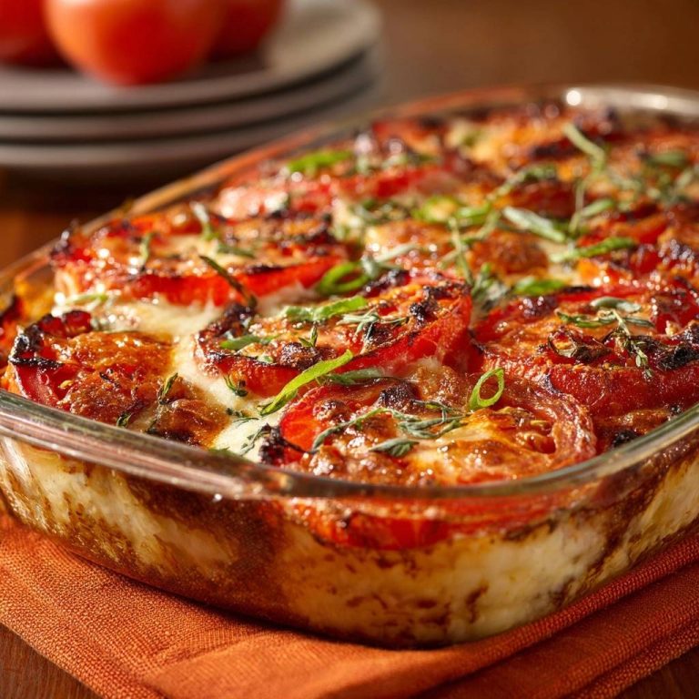 Überbackene Tomaten mit Mozzarella in einer Glasform, nahaufnahme der überbackenen, geschmolzenen Käsekruste und frischen Kräutern.
