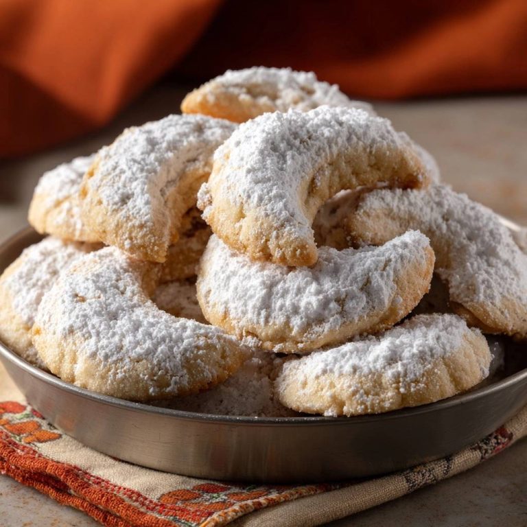 Vanillekipferl mit Puderzucker bestäubt, detailreiche Nahaufnahme in einer Schale aus nächster Nähe.