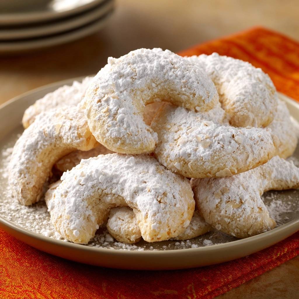 Vanillekipferl, die mit Puderzucker überzuckert auf einem Teller liegen, sind ein klassisches Weihnachtsgebäck.
