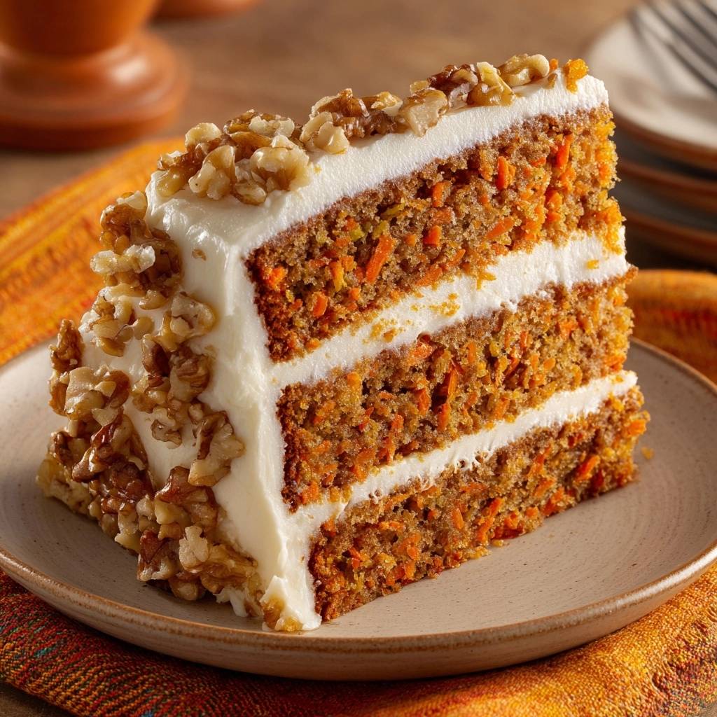 Vierfacher Karottenkuchen mit Walnüssen im Querschnitt, mit drei Schichten Kuchen und Cremefüllung, garniert mit Nüssen.