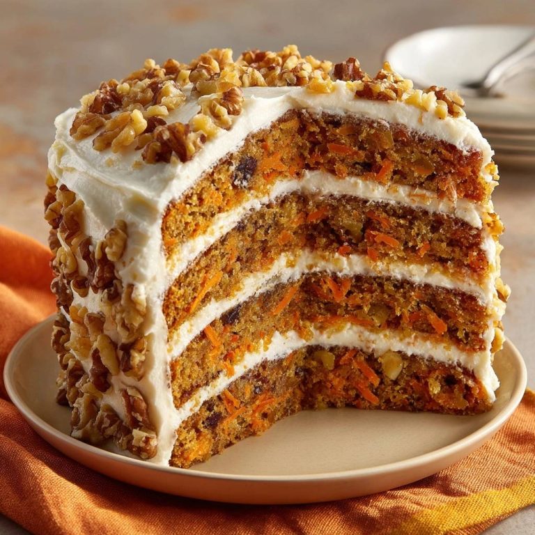 Vierfacher Karottenkuchen mit Walnüssen im angeschnittenen Querschnitt, zeigt saftige Schichten und Cremefüllung.