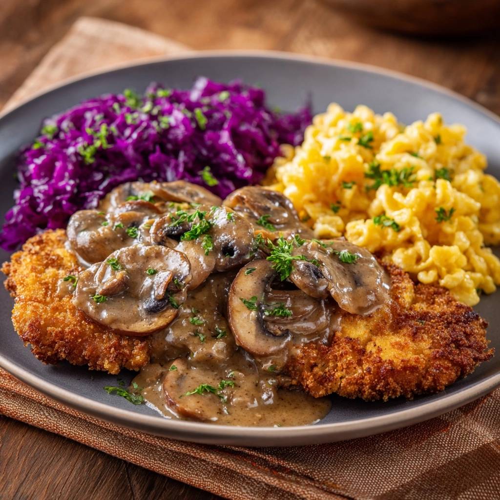 Wiener Schnitzel mit Pilzrahmsoße, Spätzle und Rotkohl auf einem Teller serviert mit Petersilien garnitur