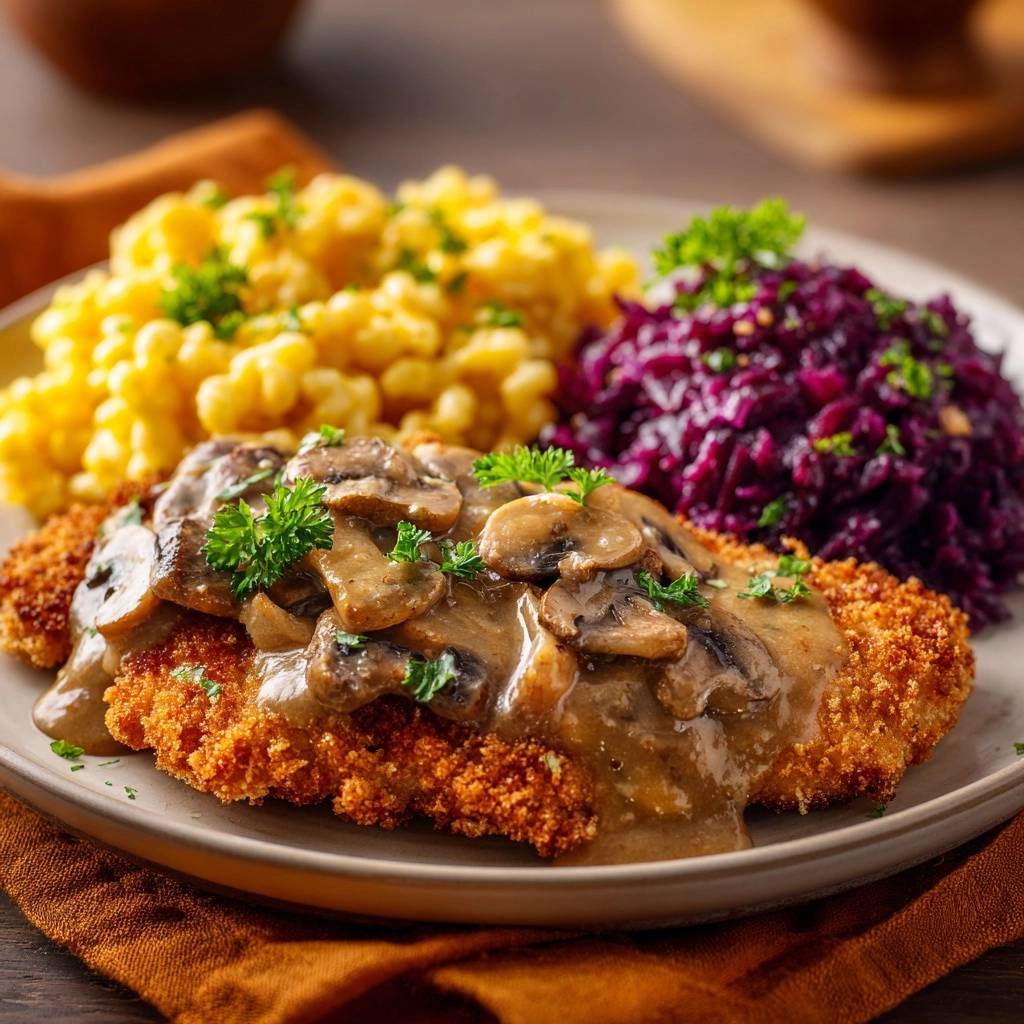 Wiener Schnitzel mit Pilzrahmsoße, Spätzle und Rotkohl, serviert auf einem Teller mit Petersilie garniert.