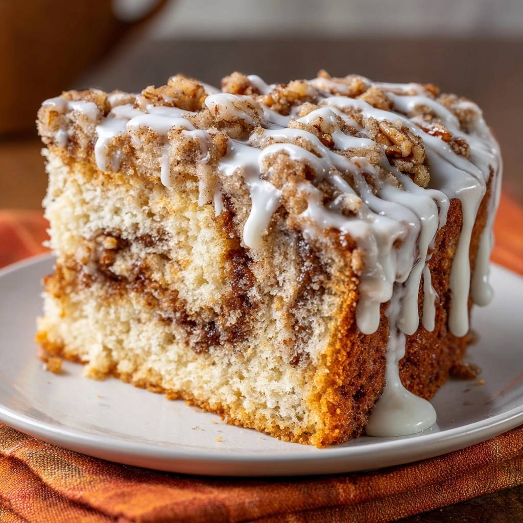 Zimtkrumen-Kuchen mit Pekannüssen, ein angeschnittenes Stück mit detailreicher Krümelschicht und weißer Glasur, die herabtropft.