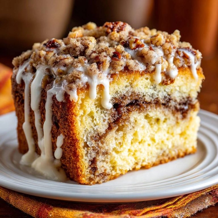 Zimtkrumen-Kuchen mit Pekannüssen als Anschnitt mit üppiger Glasur und Streuseln, Nahaufnahme.