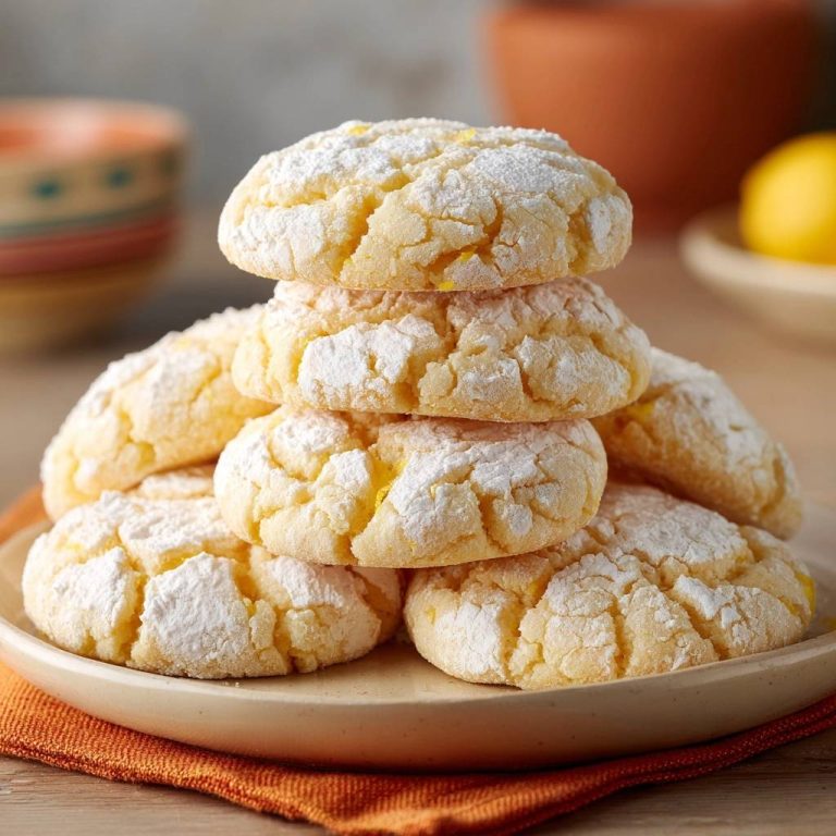 Zitronen-Crinkle-Kekse mit Puderzucker, gestapelt auf einem Teller mit einem Hauch von Zitrone.