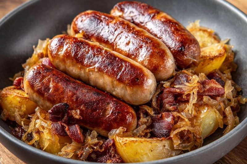 Bratwürste mit Sauerkraut, Kartoffeln und Speck (Nie wieder wässriges Sauerkraut)