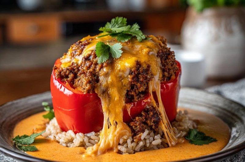 Überbackene Hack-Paprika auf cremiger Currysauce