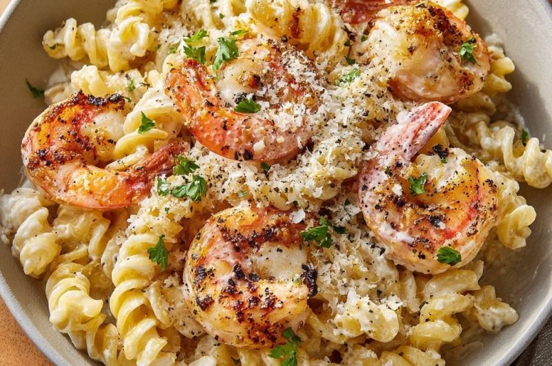 Cremige Fusilli mit knusprigen Garnelen