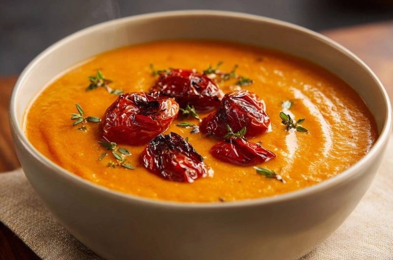 Cremige Kürbissuppe mit gerösteten Tomaten