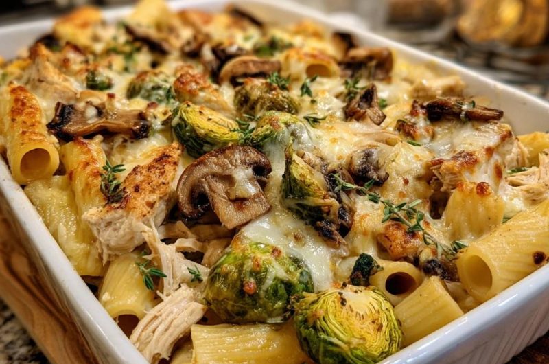 Cremiger Hähnchen-Rigatoni-Auflauf mit Pilzen und Rosenkohl