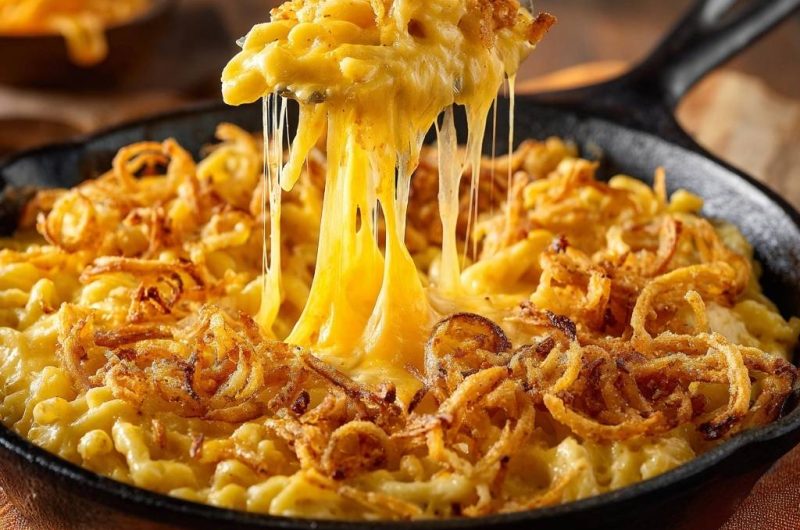 Cremiger Mac and Cheese mit knusprigen Zwiebelstreifen