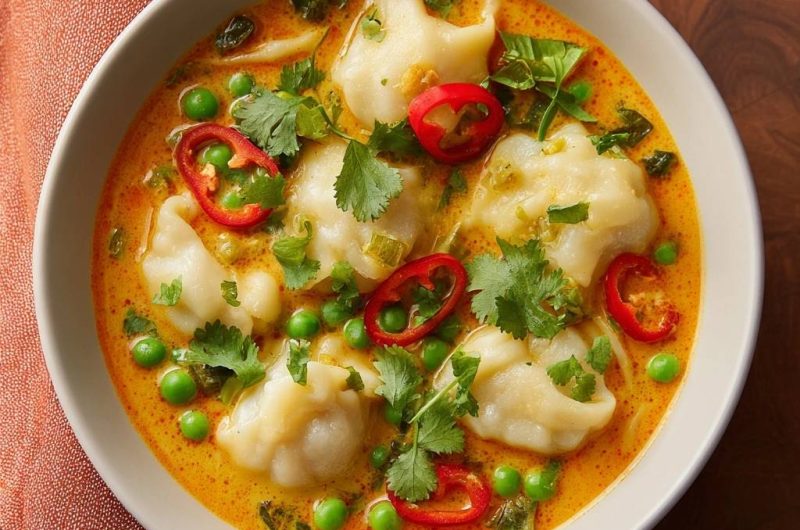 Cremiges Dumpling-Curry mit Erbsen (Nie wieder aufplatzende Dumplings!)