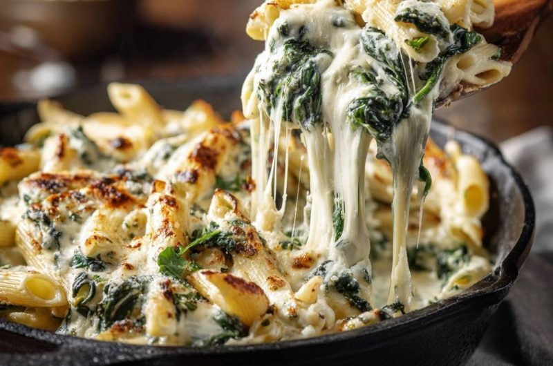 Gebackene Penne mit Spinat und Käse