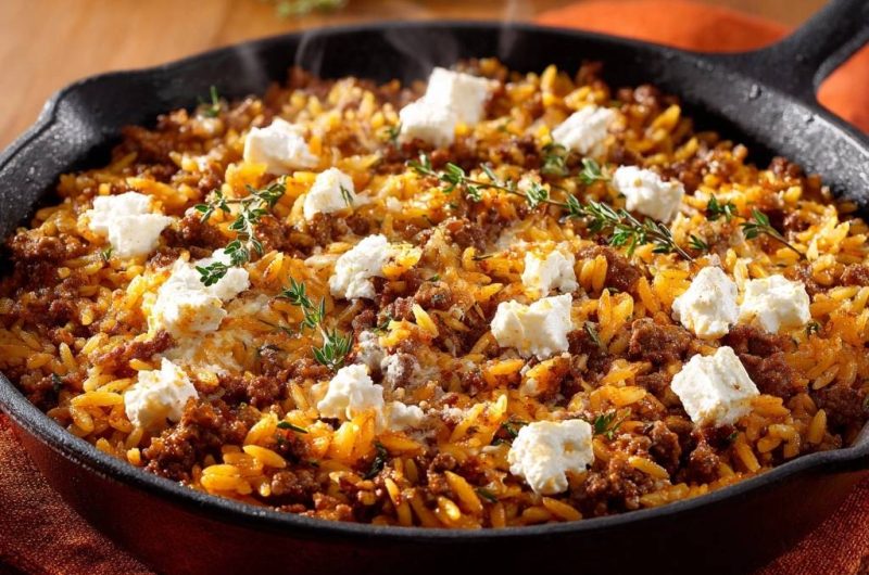 Griechischer Rinderhack-Reis mit Feta (Nie wieder matschiger Reis!)