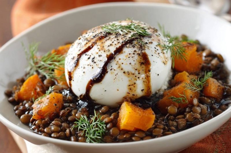 Herbstlicher Kürbis-Linsen-Topf mit Burrata