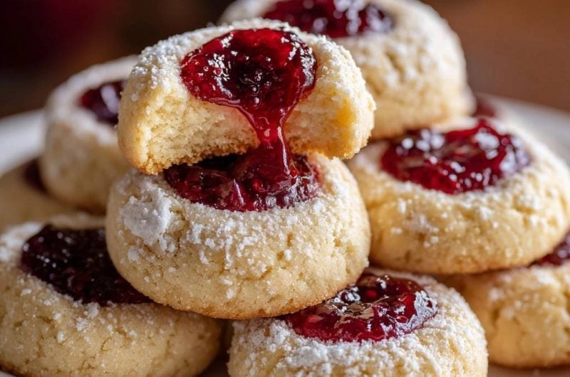 Himbeermarmeladen-Puderplätzchen (Nie wieder auslaufende Marmelade!)