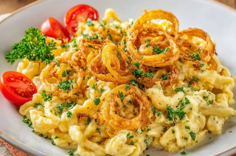 Käsespätzle mit knusprigen Zwiebelringen