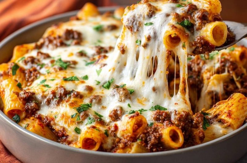 Käsig überbackene Rigatoni mit Hacksoße