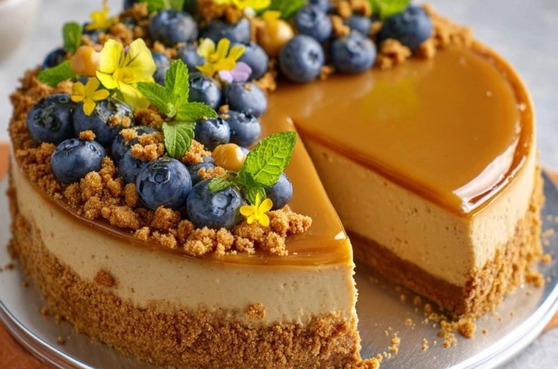 Karamell-Spiegel-Cheesecake mit Heidelbeeren