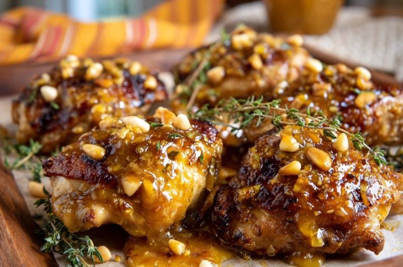 Karamellisierte Hähnchenschenkel mit Pinienkernen & Thymian