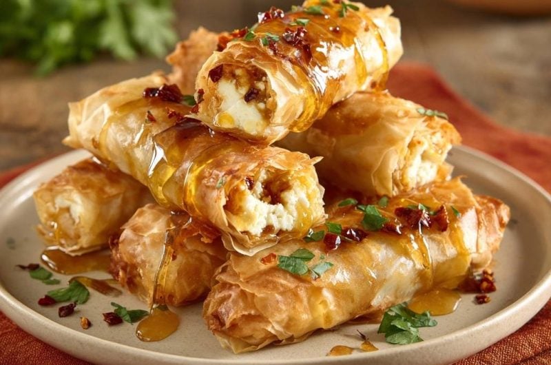 Knusprige Feta-Filo-Rollen mit Honig-Chili