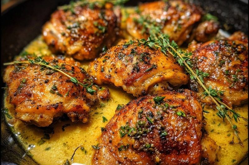 Knusprige Hähnchenschenkel in Thymian-Buttersauce
