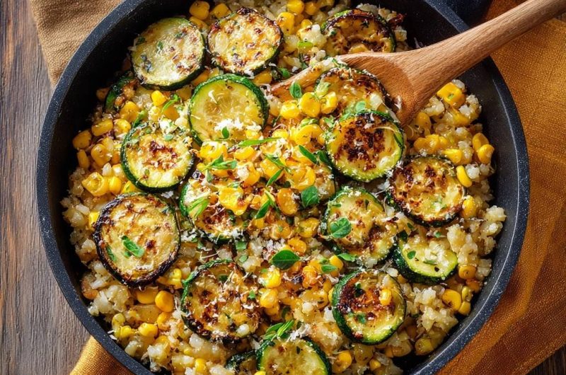 Knuspriger Blumenkohlreis mit Zucchini und Mais