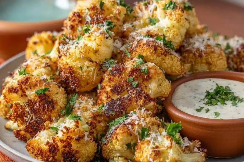 Knuspriger Parmesan-Blütenkohl mit Kräuter-Dip