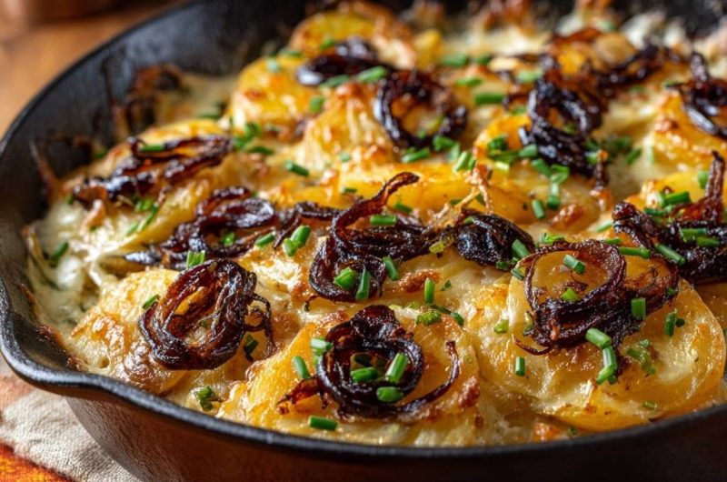 Knuspriger Pfannen-Kartoffelgratin mit Zwiebeln
