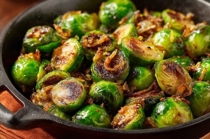 Knuspriger Rosenkohl mit karamellisierten Zwiebeln (Nie wieder matschig!)