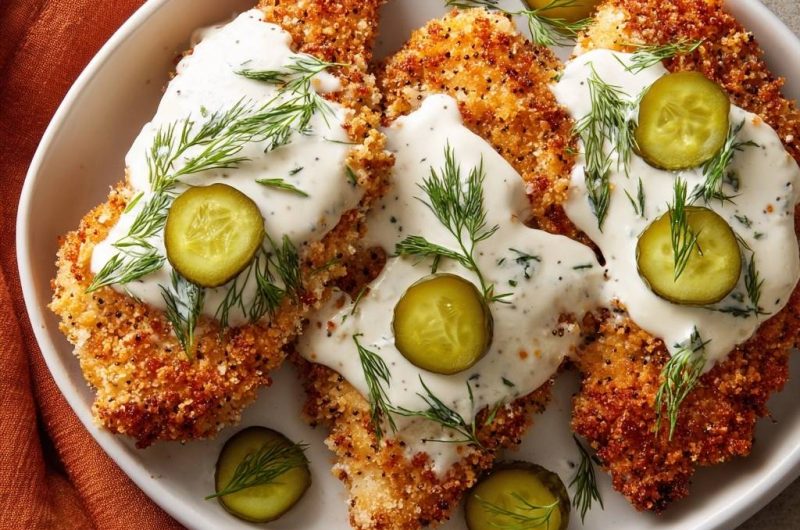 Knuspriges Hähnchen mit Dill-Gurken-Sauce