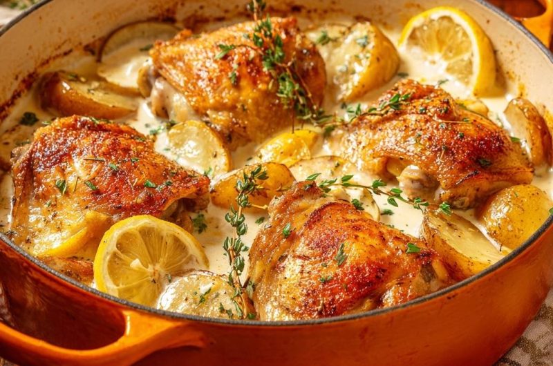 Knuspriges Hähnchen mit Kartoffeln in Zitronen-Sahne