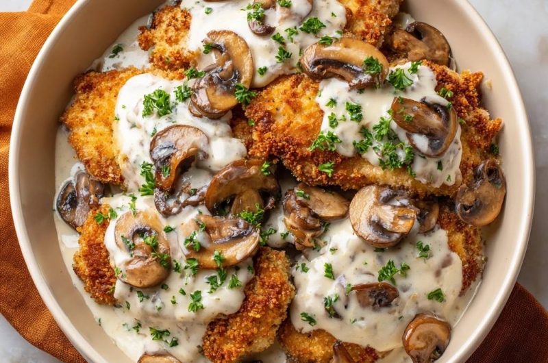 Knuspriges Hähnchenschnitzel mit Pilzrahmsoße