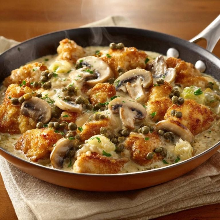 Knuspriges Panierhähnchen mit Champignons, Kapern & Sahnesoße
