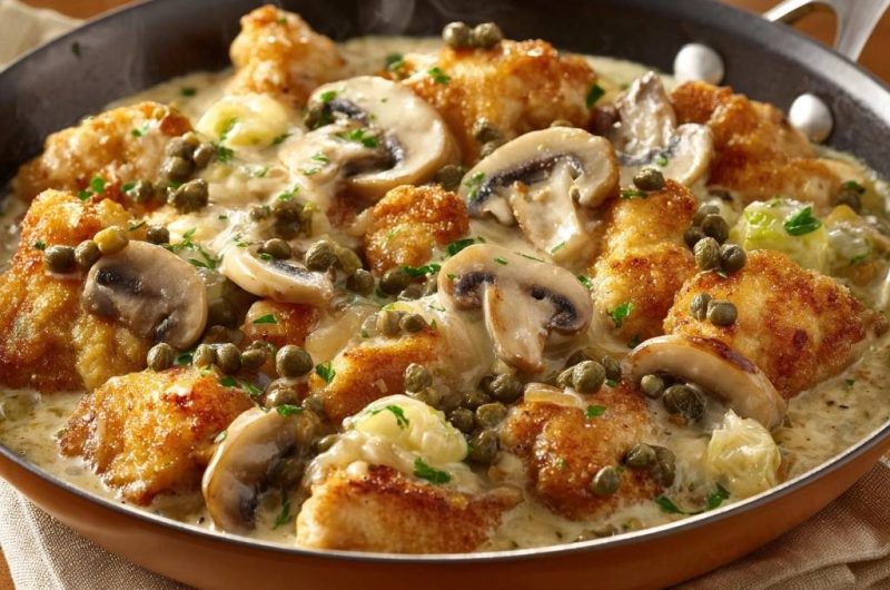 Knuspriges Panierhähnchen mit Champignons, Kapern und Sahnesoße (Nie wieder matschige Panade!)