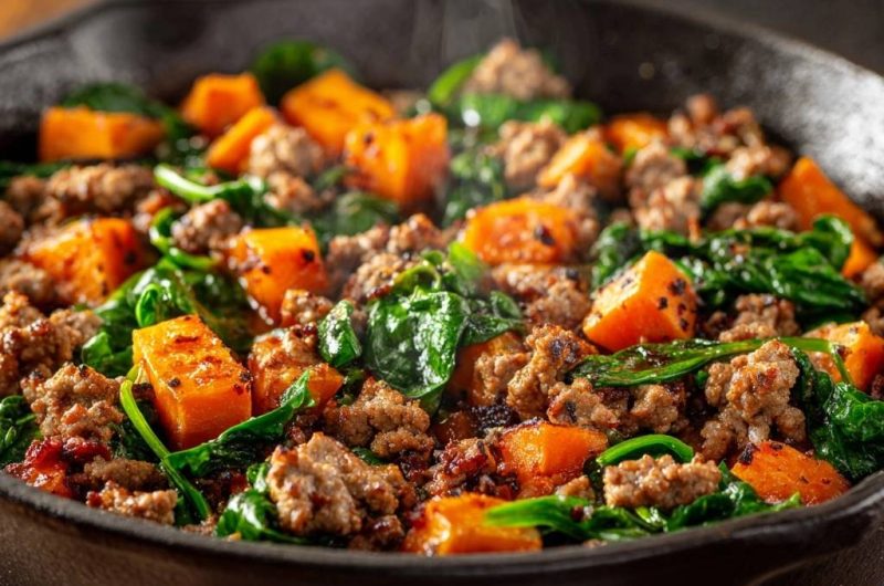 Süßkartoffel-Hack-Pfanne mit Spinat