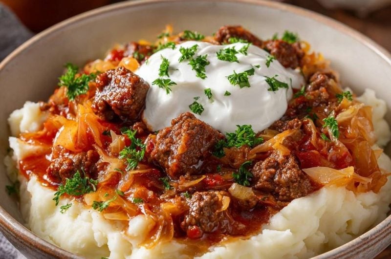 Sauerkraut-Gulasch mit Rindfleisch auf Kartoffelpüree
