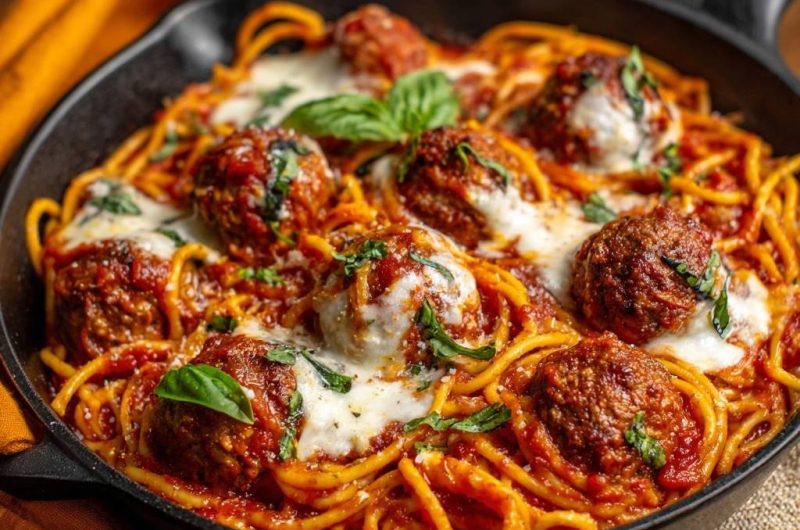 Spaghetti mit Fleischbällchen aus einer Pfanne