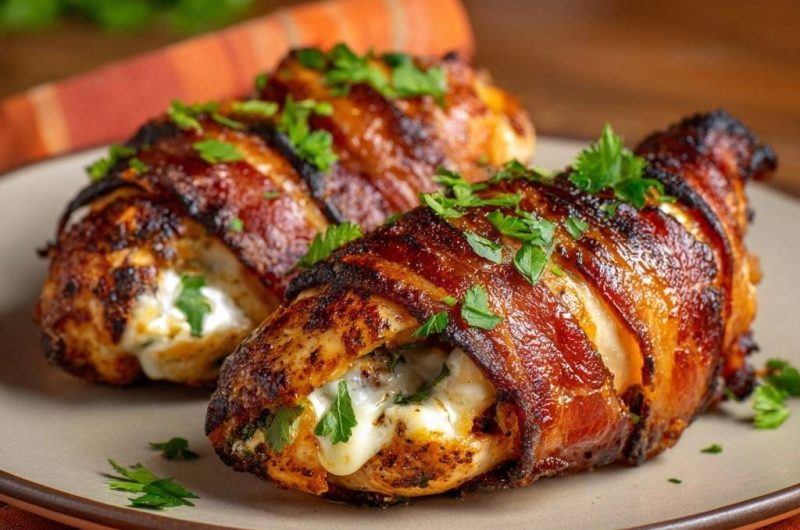 Speck-umwickelte Hähnchenbrust mit Kräsefüllung