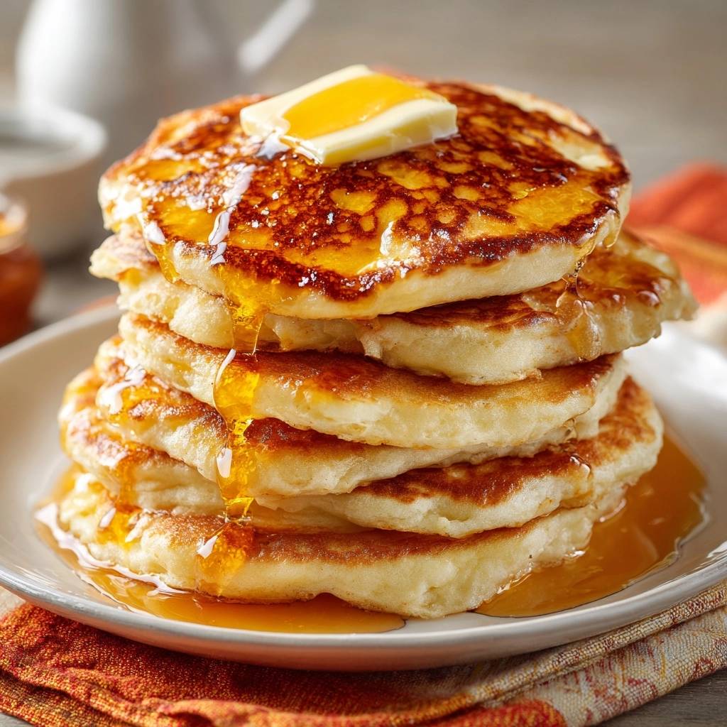 Perfekte American Pancakes mit Butter und Sirup, die von einem Stapel herunterlaufen und eine köstliche Textur zeigen.