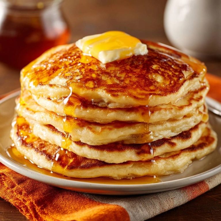 Perfekte American Pancakes mit geschmolzener Butter und Honig, gestapelt auf einem Teller, mit einem orangen Tuch daneben.