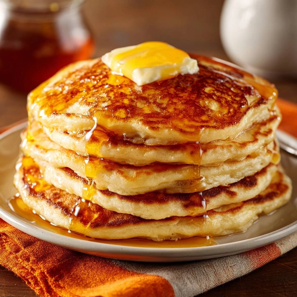 Perfekte American Pancakes mit geschmolzener Butter und Honig, gestapelt auf einem Teller, mit einem orangen Tuch daneben.