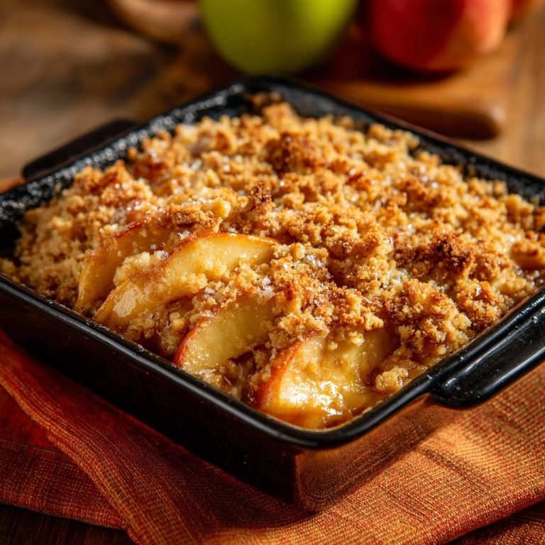Apfel-Crumble mit knuspriger Krume im Detail, nahaufnahme der Oberseite des gebackenen Desserts.
