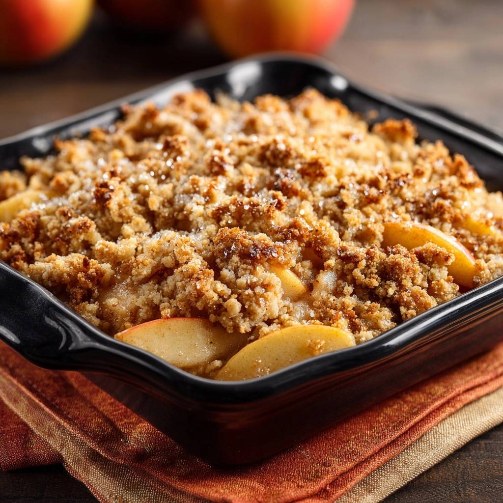 Apfel-Crumble mit einer knusprigen Krume als Nahaufnahme im schwarzen Backgeschirr auf einem orangefarbenen Tuch.